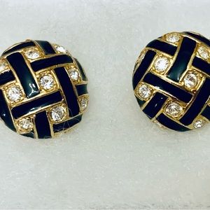 Vintage ROMAN clip-on sparkle earrings with black and gold tone basketweave
